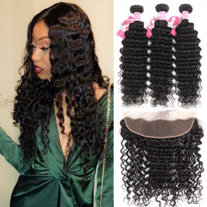 Alipearl Deep Wave 3 Bundles with 13*4 Lace Frontal Malaysian Virgin Hair