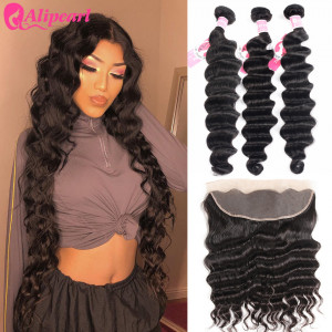 Alipearl Brazilian Hair 3pcs/lot Loose Deep Wave  with 13*4 Lace Frontal