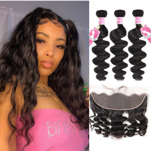 Alipearl Brazilian Hair 3 pcs/packet Loose Wave with 13x4 Lace Frontal