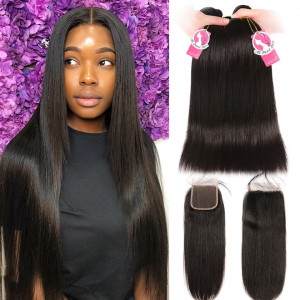 8A Unprocessed Brazilian Hair 3 pcs Straight With 4*4 Lace Closure