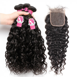 8A Grade Alipearl Virgin Hair Water Wave 4 Bundles with Lace Closure 4X4 Inch