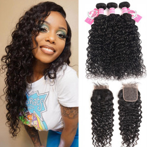 Alipearl Brazilian Hair 3 Bundles Natural Wave With 4*4 Lace Closure